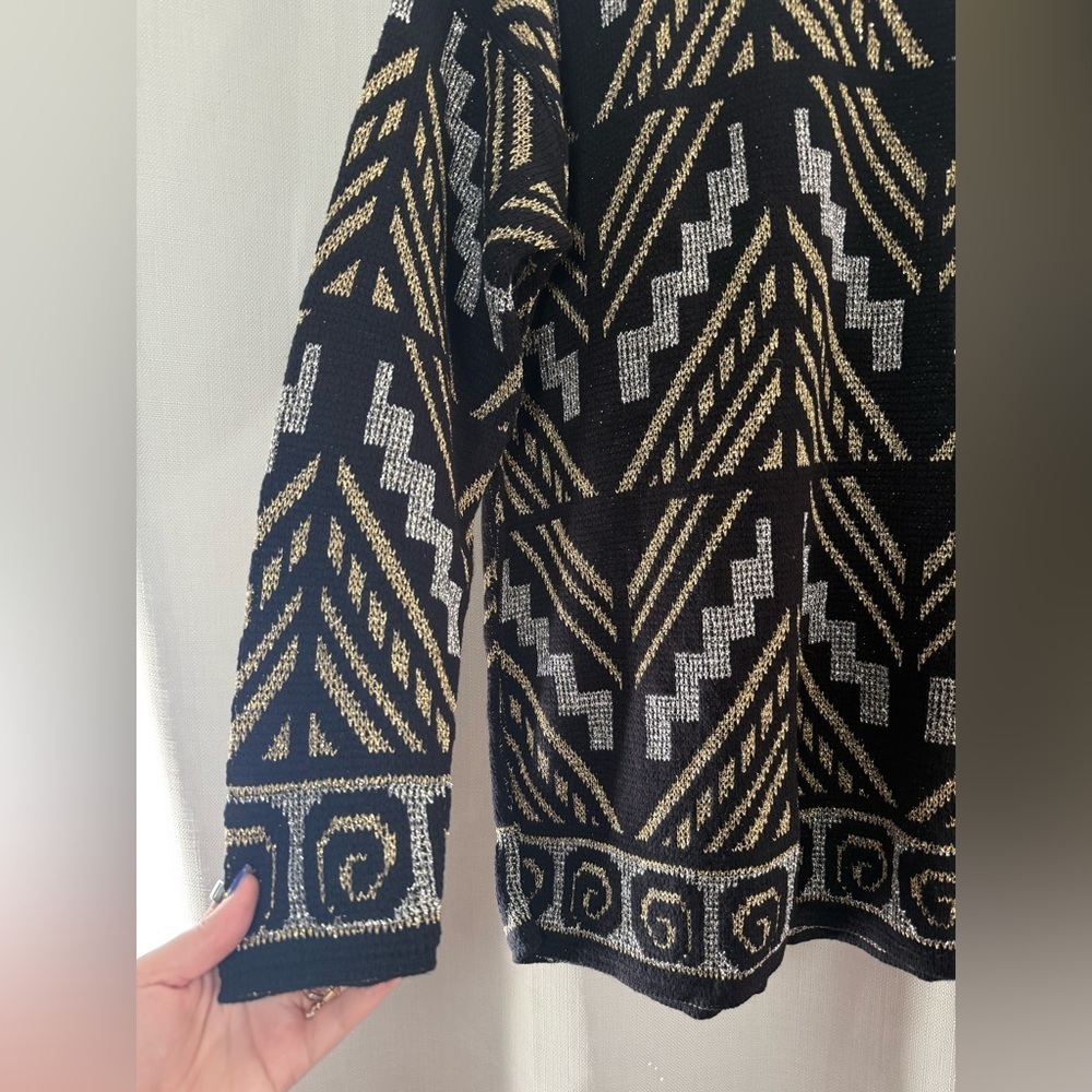 Vintage Statements by Pronto Black Gold Silver Chevron Knit Sweater Size Large - Picture 5 of 8
